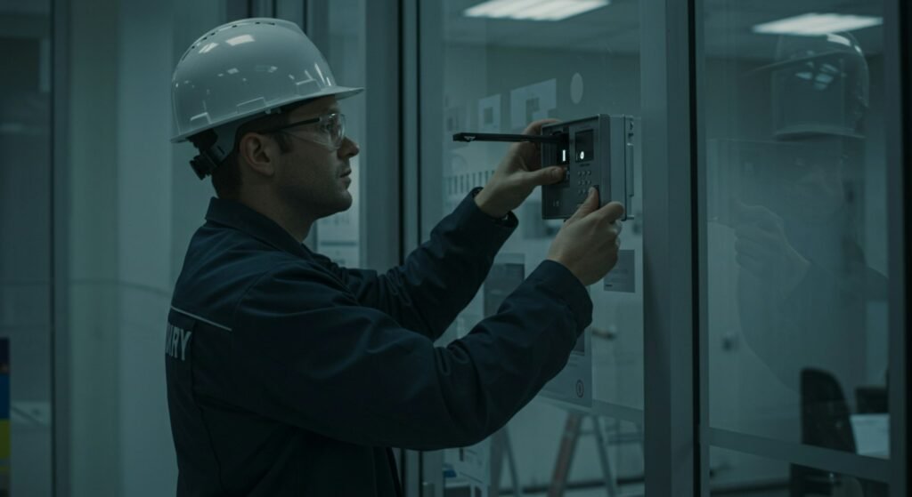 Facilities management technician working at a building control panel